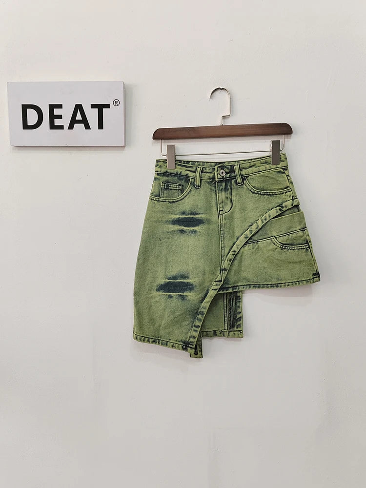 TAMBREET  DEAT Fashion Women's Skirt High Waist Patchwork Irregular Mini Above Knee Tie-dyed Green Denim Skirts Spring 2024 New 17A1759