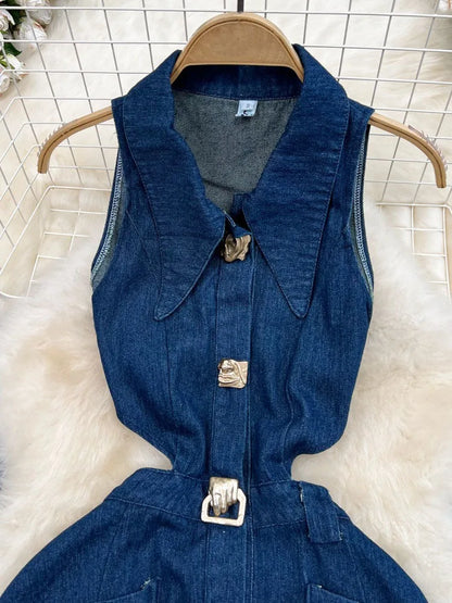 TAMBREET DEAT Trendy Fashion Women's Metal Buckle Waist Hollow Out Denim Dress 2024 Spring Lapel Sleeveless Split Dresses Female 33A1196