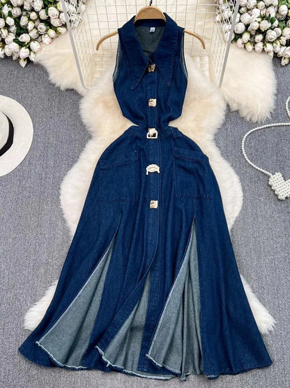 TAMBREET DEAT Trendy Fashion Women's Metal Buckle Waist Hollow Out Denim Dress 2024 Spring Lapel Sleeveless Split Dresses Female 33A1196