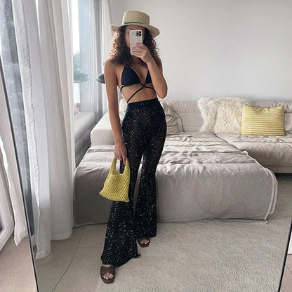 TAMBREET DSMTRC Korean Fashion Bling High Waist See Through Woman Fluid Mesh Dot Print Long Summer Pants Sexy Casual Women Flare Pants