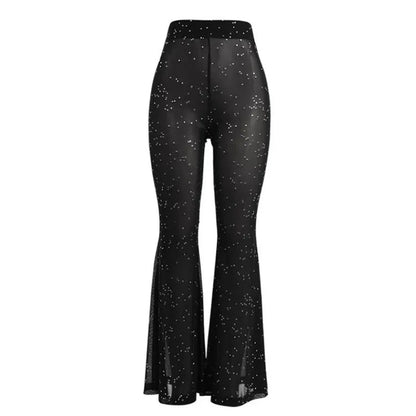 TAMBREET DSMTRC Korean Fashion Bling High Waist See Through Woman Fluid Mesh Dot Print Long Summer Pants Sexy Casual Women Flare Pants