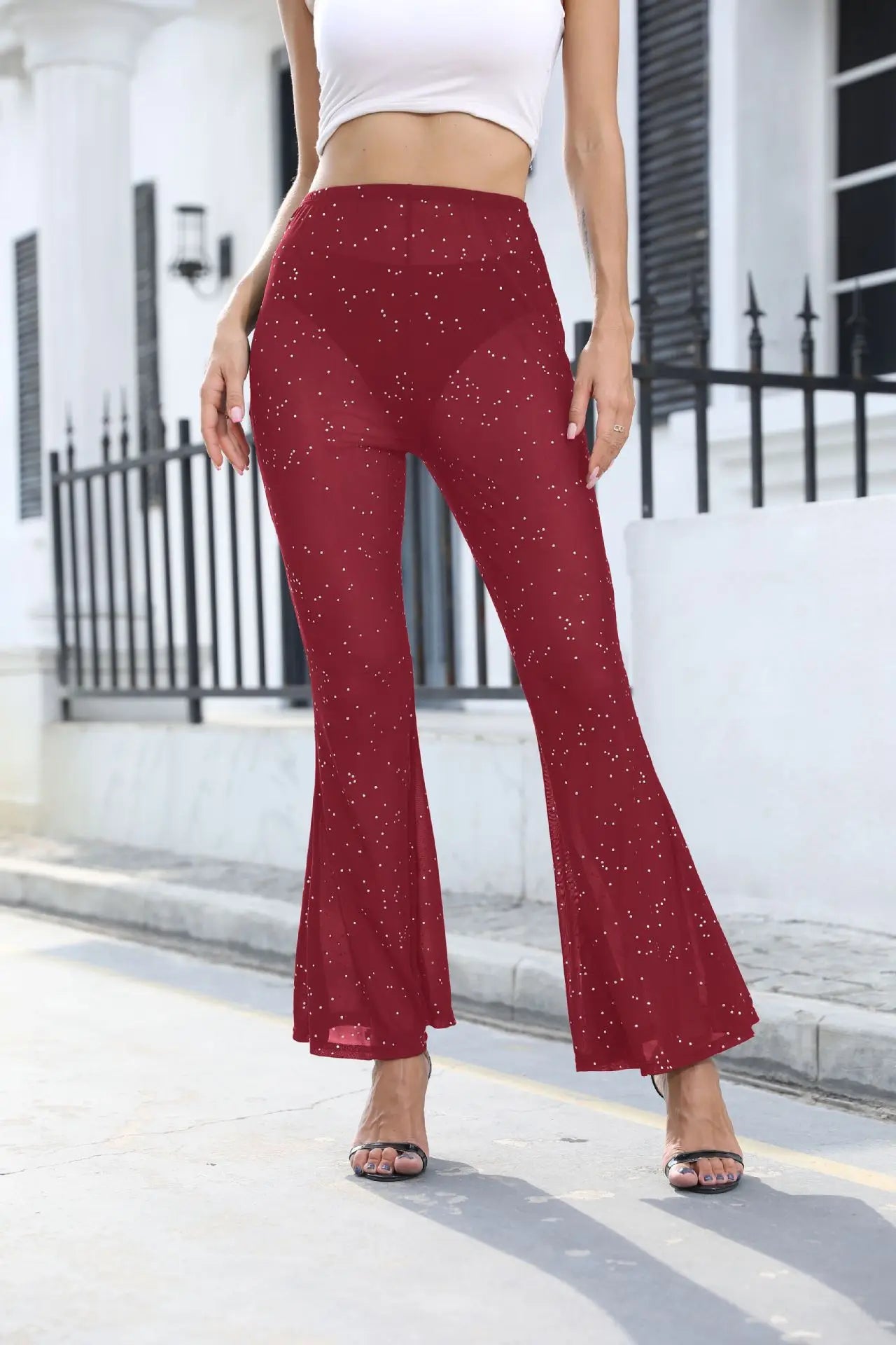 TAMBREET DSMTRC Korean Fashion Bling High Waist See Through Woman Fluid Mesh Dot Print Long Summer Pants Sexy Casual Women Flare Pants