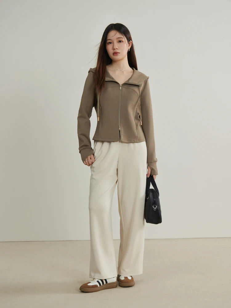 TAMBREET DUSHU 【2 Colors】Women Pants Beige Full Length Autumn Women Trousers Waist Design Female Black Commuter Pant