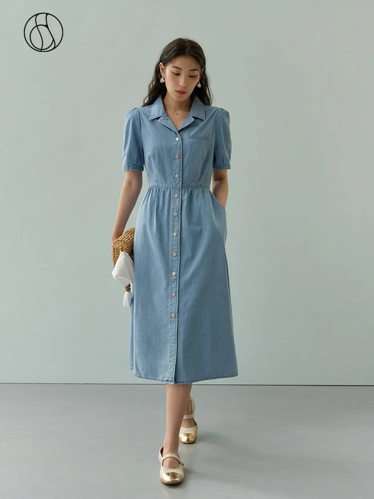 TAMBREET DUSHU Commuting Retro Style Slim Waist Denim Dress for Women Summer Chic 100% Cotton Single Breasted Simple Long Dress Female