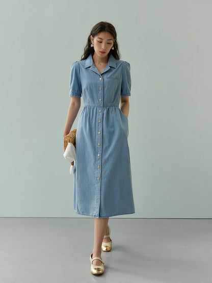 TAMBREET DUSHU Commuting Retro Style Slim Waist Denim Dress for Women Summer Chic 100% Cotton Single Breasted Simple Long Dress Female