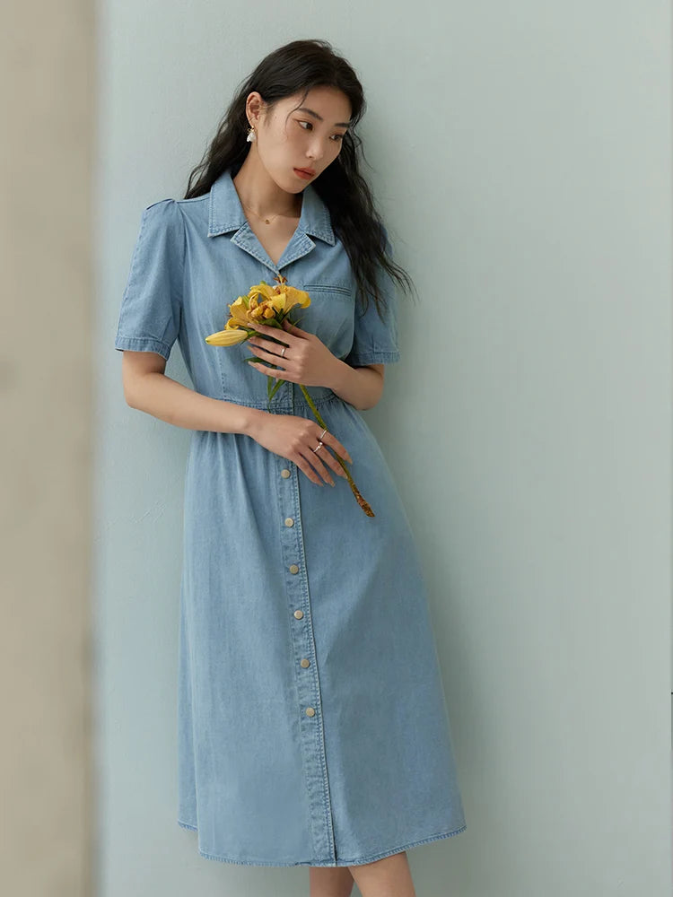 TAMBREET DUSHU Commuting Retro Style Slim Waist Denim Dress for Women Summer Chic 100% Cotton Single Breasted Simple Long Dress Female