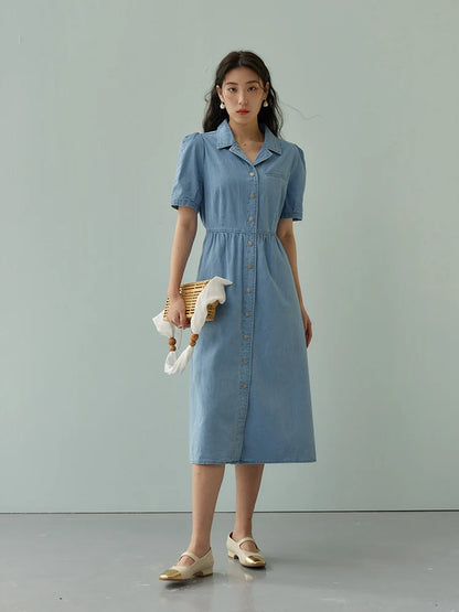 TAMBREET DUSHU Commuting Retro Style Slim Waist Denim Dress for Women Summer Chic 100% Cotton Single Breasted Simple Long Dress Female