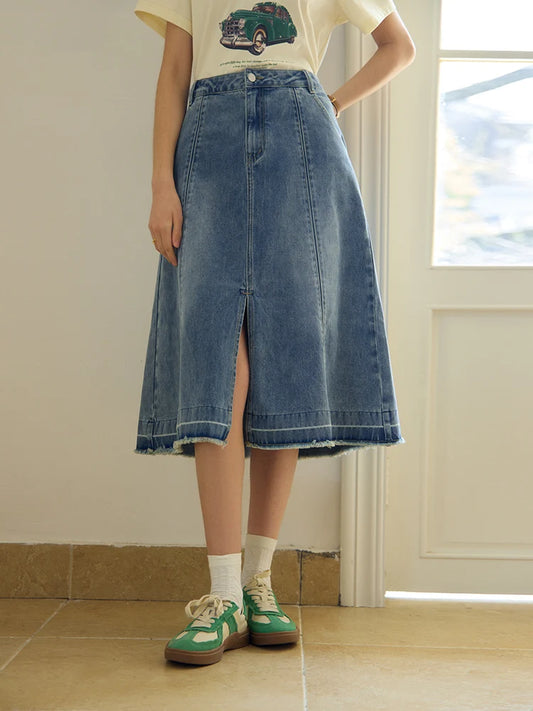 TAMBREET  DUSHU Double Version Retro Washed Denim Skirt for Women High Waist Slimming 2024 Summer New All-match Skirts Female 24DS82015