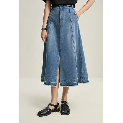 TAMBREET  DUSHU Double Version Retro Washed Denim Skirt for Women High Waist Slimming 2024 Summer New All-match Skirts Female 24DS82015