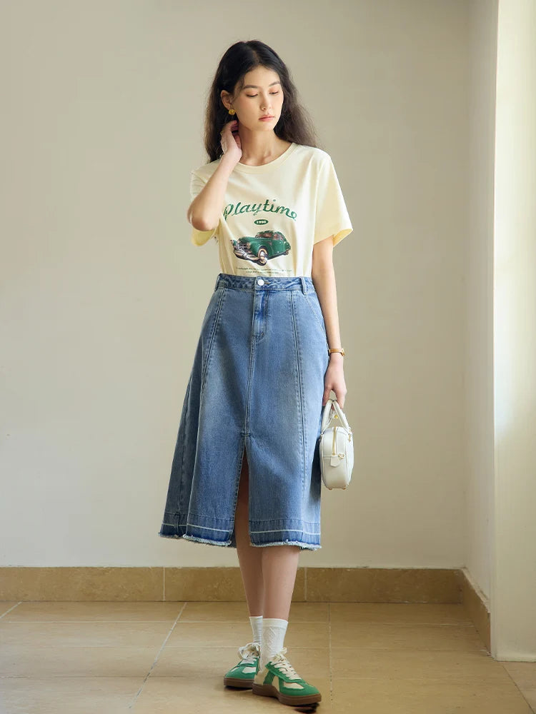 TAMBREET  DUSHU Double Version Retro Washed Denim Skirt for Women High Waist Slimming 2024 Summer New All-match Skirts Female 24DS82015