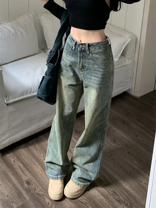 TAMBREET Deeptown Y2k Baggy Wide Leg Jeans Women Vintage Streetwear Washed Denim Pants Grunge Basic Slouchy Blue Trousers Femme Spring