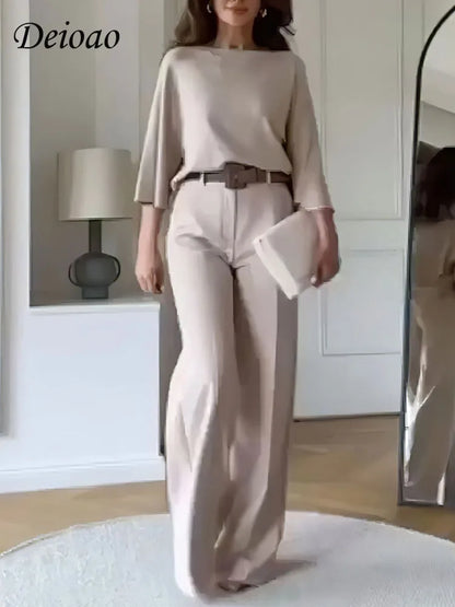 TAMBREET Deioao Office 2-piece Set Tops And Pants For Women's  Summer Halft Sleeve Beige Slim Elegant Fashion Female Clothing Wide Pant