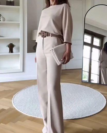 TAMBREET Deioao Office 2-piece Set Tops And Pants For Women's  Summer Halft Sleeve Beige Slim Elegant Fashion Female Clothing Wide Pant