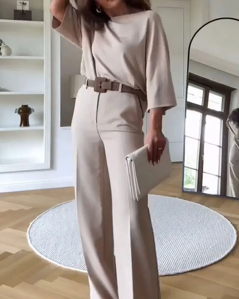 TAMBREET Deioao Office 2-piece Set Tops And Pants For Women's  Summer Halft Sleeve Beige Slim Elegant Fashion Female Clothing Wide Pant