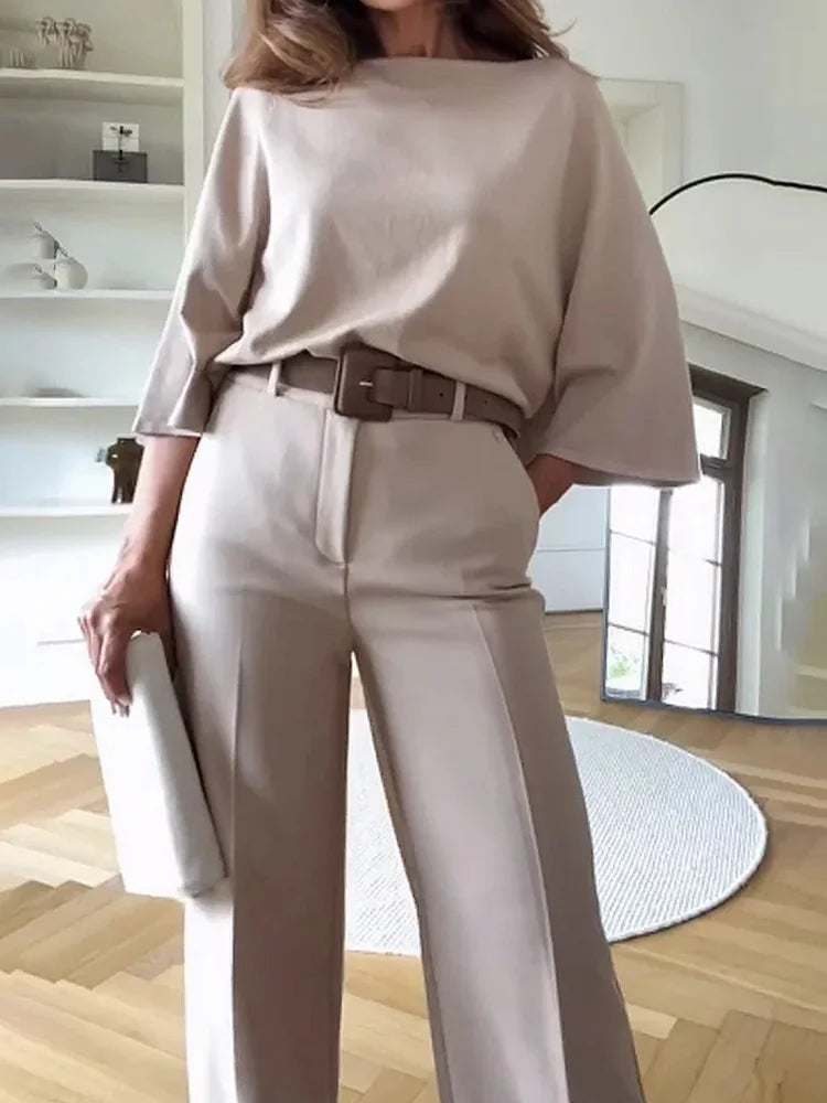 TAMBREET Deioao Office 2-piece Set Tops And Pants For Women's  Summer Halft Sleeve Beige Slim Elegant Fashion Female Clothing Wide Pant