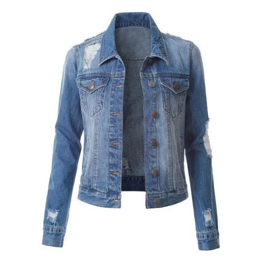 TAMBREET Denim Jackets Vintage Ripped Denim Jackets Streetwear Harajuku Jean Coats Women's Single Breasted Slim Jacket Outerwear