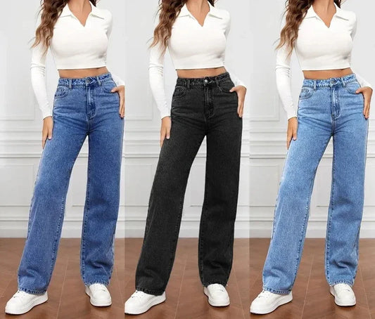 TAMBREET Denim Jeans Women Straight Pants Washing High Waist Loose Pockets Basics Ankle Length Y2k Blue Pants Streetwear Slight Strech