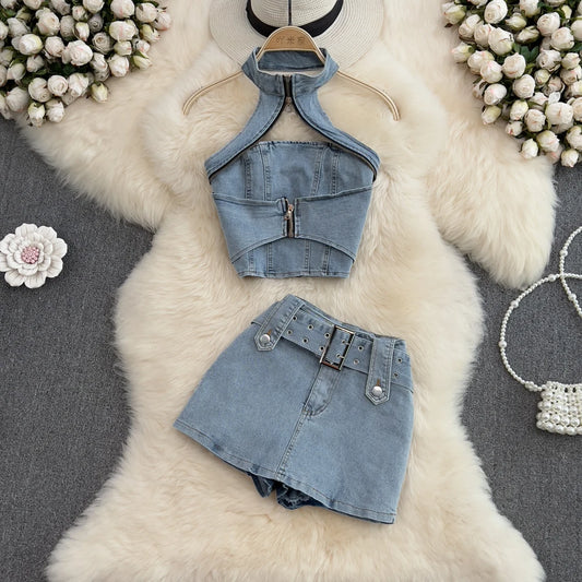 TAMBREET Denim Short Skirts Sets For Women Halter Neck Hollow Out Backless Zipper Sexy Tops + Shorts Jeans 2 Pieces Set Suits