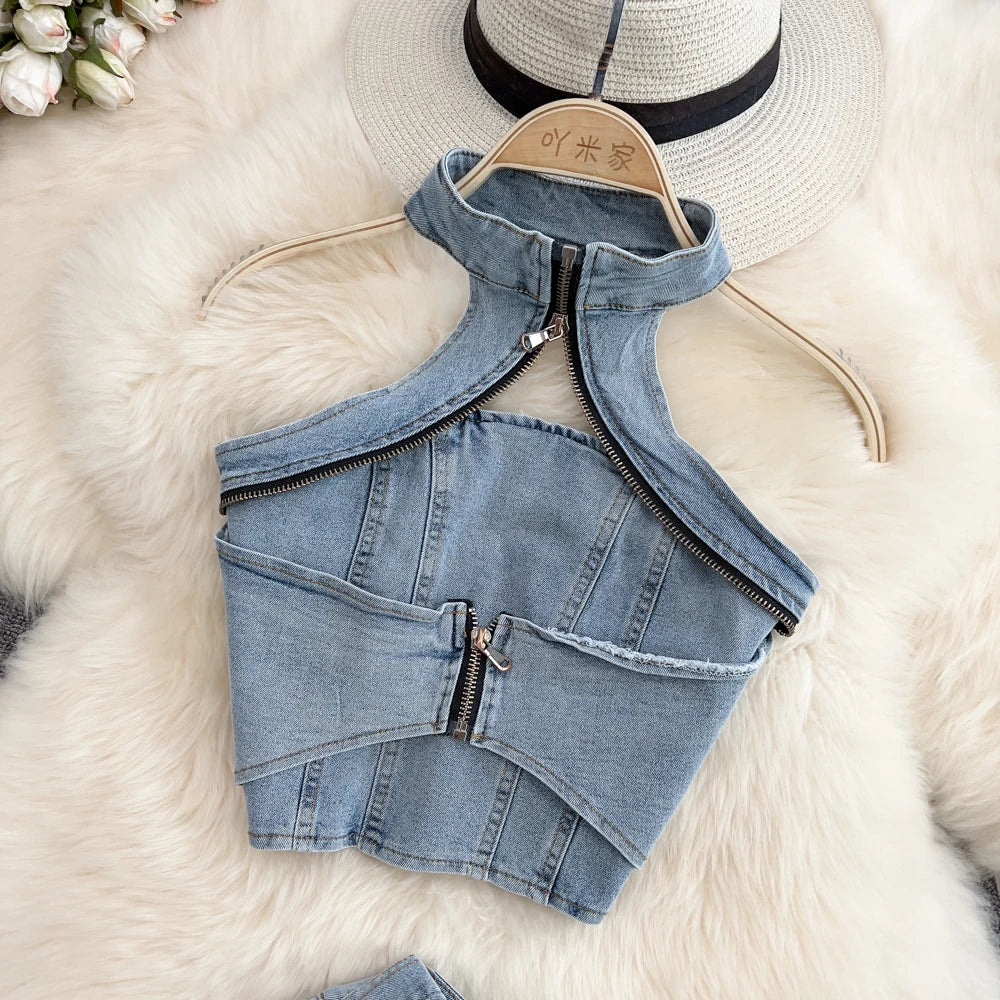 TAMBREET Denim Short Skirts Sets For Women Halter Neck Hollow Out Backless Zipper Sexy Tops + Shorts Jeans 2 Pieces Set Suits