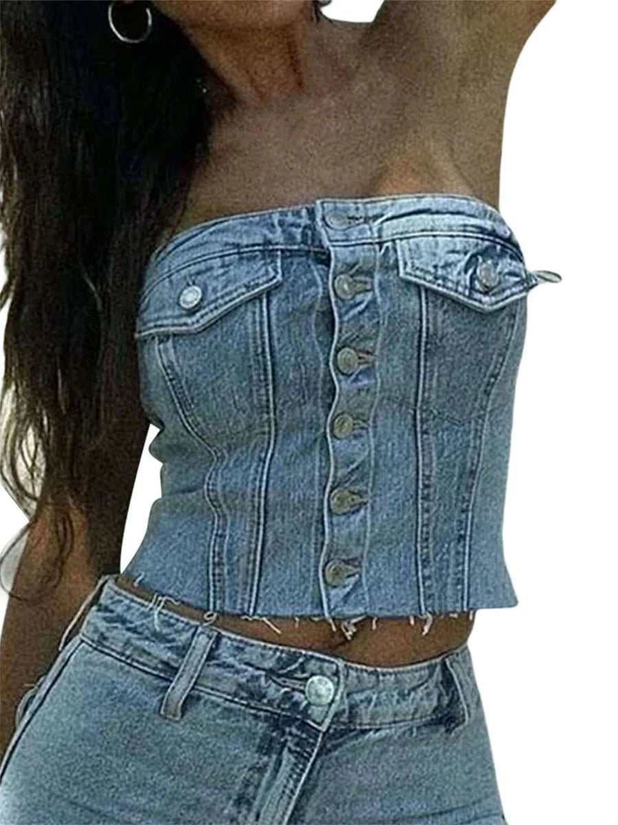 TAMBREET Denim Vest Tank Tops Women Off Shoulder Street Casual Party Street Fall Buttons Short Wrap Chest Denim Camisoles For Women