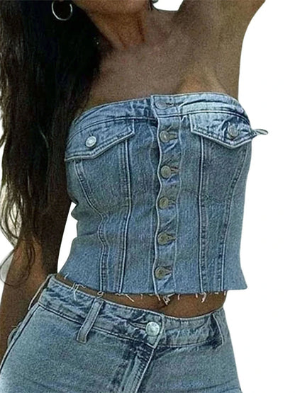 TAMBREET Denim Vest Tank Tops Women Off Shoulder Street Casual Party Street Fall Buttons Short Wrap Chest Denim Camisoles For Women