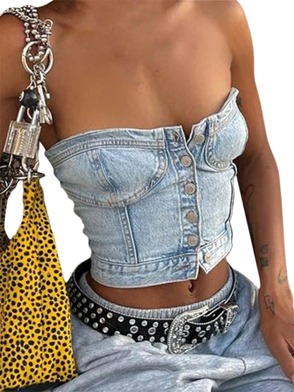 TAMBREET Denim Vest Tank Tops Women Off Shoulder Street Casual Party Street Fall Buttons Short Wrap Chest Denim Camisoles For Women