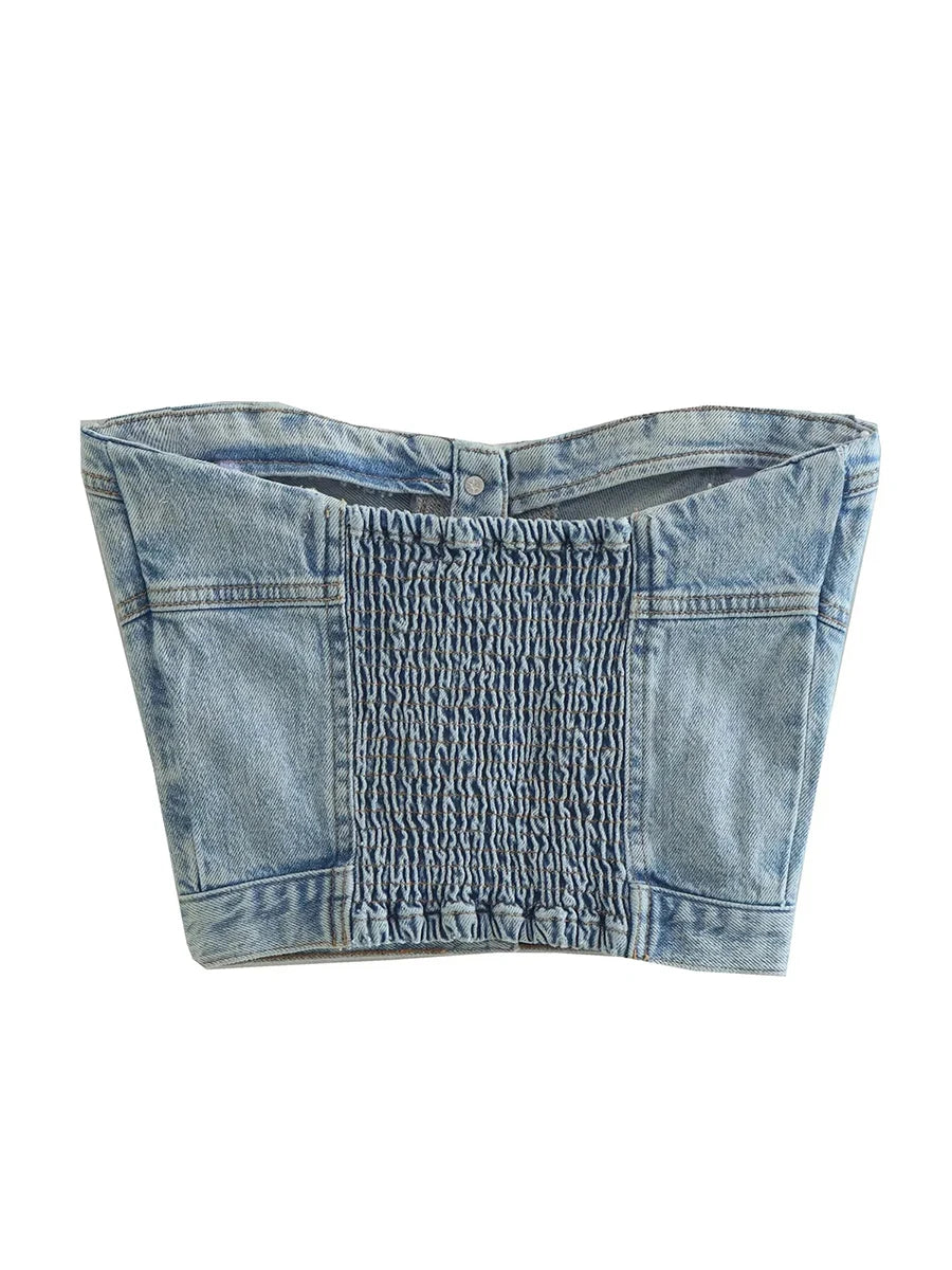 TAMBREET Denim Vest Tank Tops Women Off Shoulder Street Casual Party Street Fall Buttons Short Wrap Chest Denim Camisoles For Women