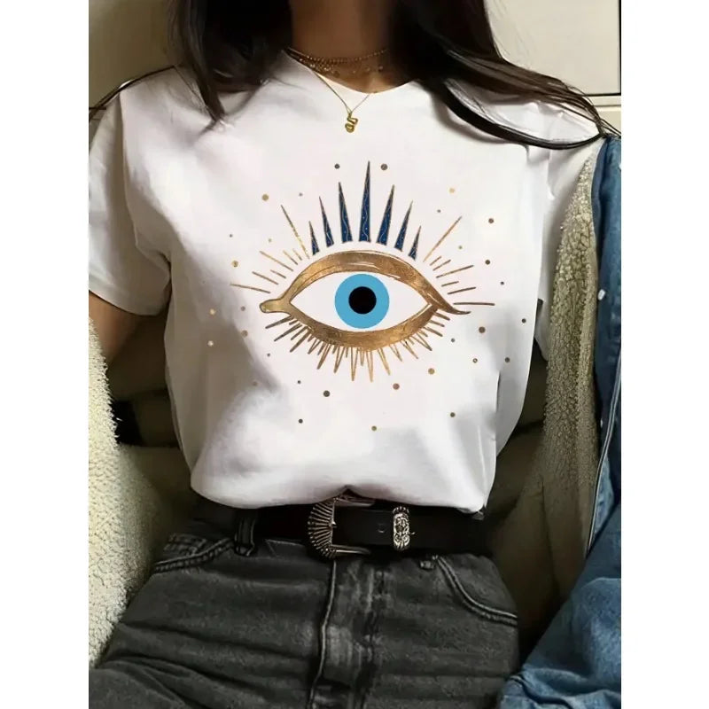 TAMBREET Devil's Eye Printed Tee Shirts 100% Cotton Womens Crop T-shirts O-Neck Short Sleeves Casual Loose Clothes Fashion Female Tops