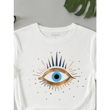 TAMBREET Devil's Eye Printed Tee Shirts 100% Cotton Womens Crop T-shirts O-Neck Short Sleeves Casual Loose Clothes Fashion Female Tops