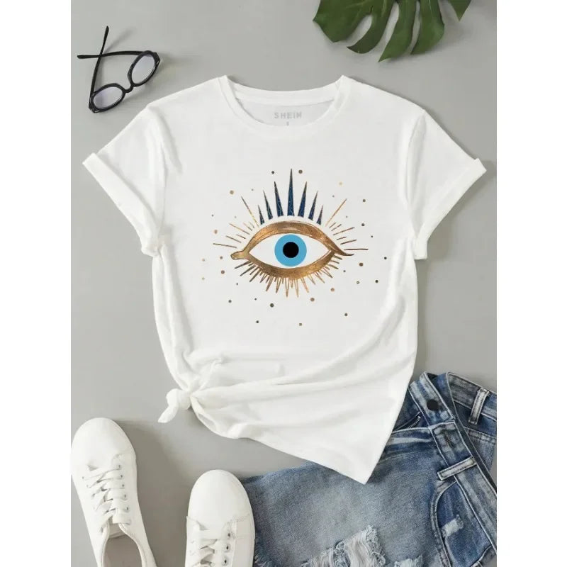 TAMBREET Devil's Eye Printed Tee Shirts 100% Cotton Womens Crop T-shirts O-Neck Short Sleeves Casual Loose Clothes Fashion Female Tops