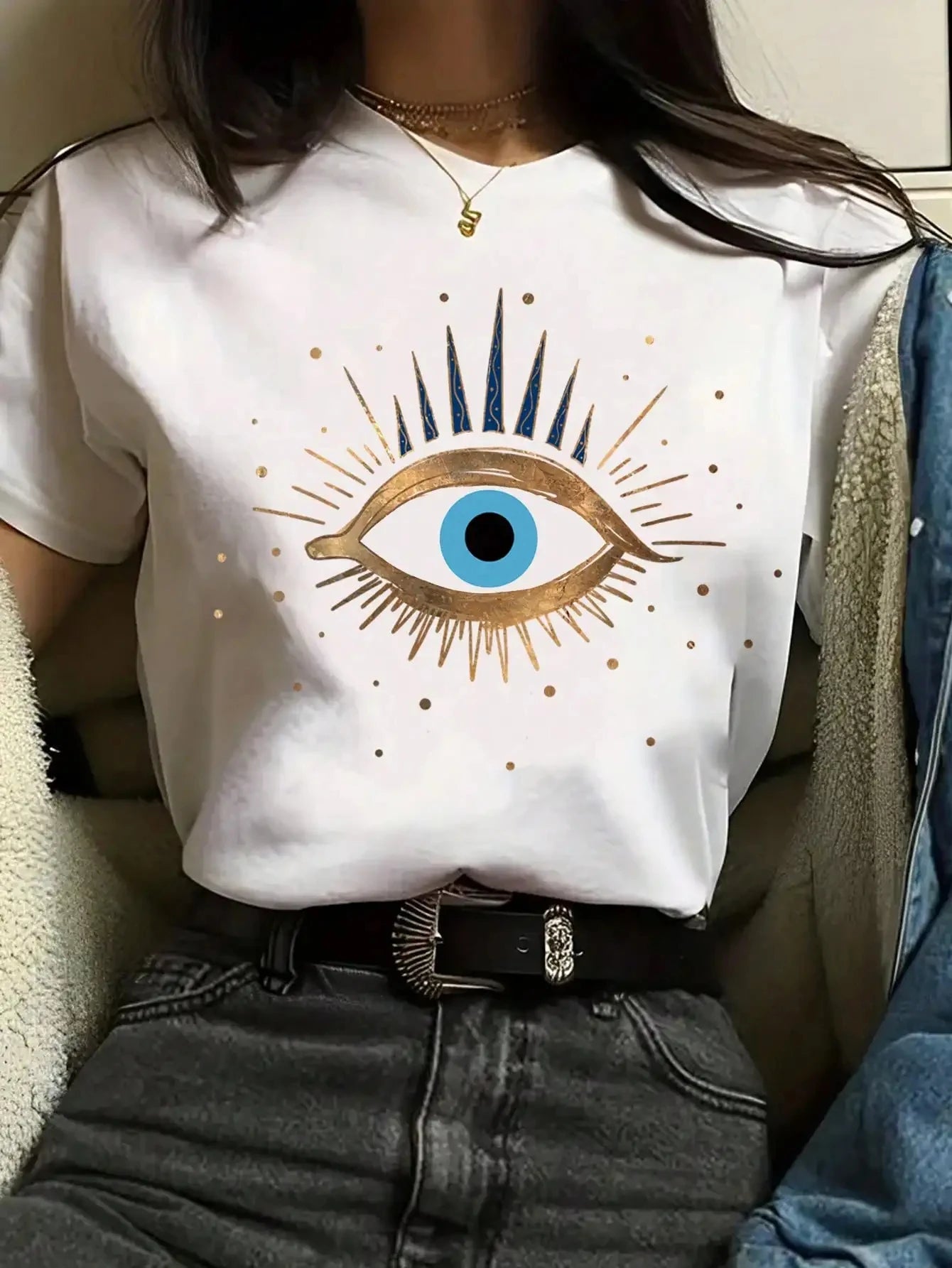 TAMBREET Devil's Eye Printed Tee Shirts 100% Cotton Womens Crop T-shirts O-Neck Short Sleeves Casual Loose Clothes Fashion Female Tops