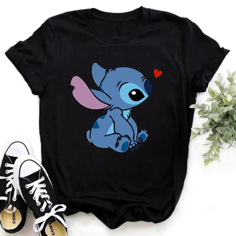 TAMBREET Disney Lilo Stitch Cartoon T-shirts Tops for Women Lady S-3XL Summer Female T-shirts Black O-neck Ohana Stitch Hot Tees T-shirts