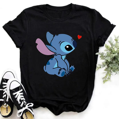 TAMBREET Disney Lilo Stitch Cartoon T-shirts Tops for Women Lady S-3XL Summer Female T-shirts Black O-neck Ohana Stitch Hot Tees T-shirts