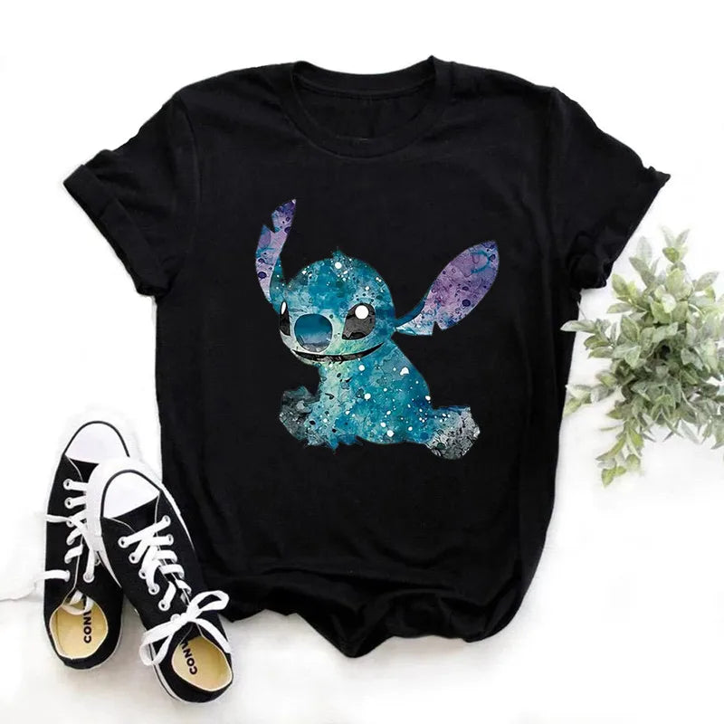 TAMBREET Disney Lilo Stitch Cartoon T-shirts Tops for Women Lady S-3XL Summer Female T-shirts Black O-neck Ohana Stitch Hot Tees T-shirts