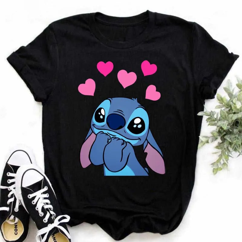 TAMBREET Disney Lilo Stitch Cartoon T-shirts Tops for Women Lady S-3XL Summer Female T-shirts Black O-neck Ohana Stitch Hot Tees T-shirts