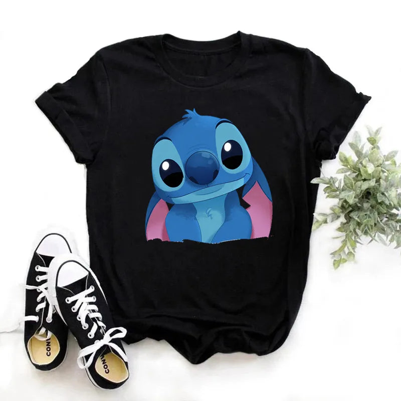 TAMBREET Disney Lilo Stitch Cartoon T-shirts Tops for Women Lady S-3XL Summer Female T-shirts Black O-neck Ohana Stitch Hot Tees T-shirts