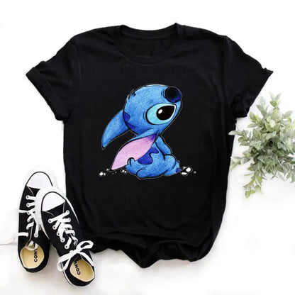 TAMBREET Disney Lilo Stitch Cartoon T-shirts Tops for Women Lady S-3XL Summer Female T-shirts Black O-neck Ohana Stitch Hot Tees T-shirts