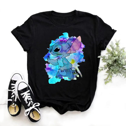 TAMBREET Disney Lilo Stitch Cartoon T-shirts Tops for Women Lady S-3XL Summer Female T-shirts Black O-neck Ohana Stitch Hot Tees T-shirts