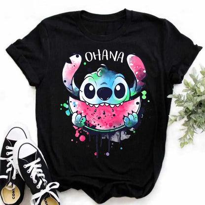 TAMBREET Disney Lilo Stitch Cartoon T-shirts Tops for Women Lady S-3XL Summer Female T-shirts Black O-neck Ohana Stitch Hot Tees T-shirts