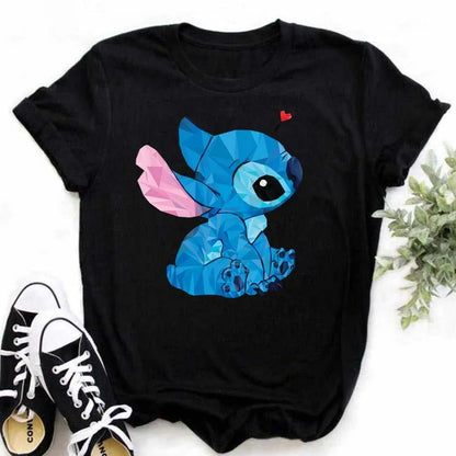 TAMBREET Disney Lilo Stitch Cartoon T-shirts Tops for Women Lady S-3XL Summer Female T-shirts Black O-neck Ohana Stitch Hot Tees T-shirts