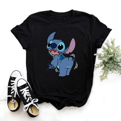 TAMBREET Disney Lilo Stitch Cartoon T-shirts Tops for Women Lady S-3XL Summer Female T-shirts Black O-neck Ohana Stitch Hot Tees T-shirts