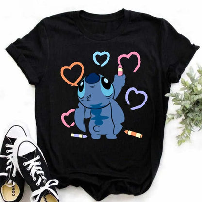 TAMBREET Disney Lilo Stitch Cartoon T-shirts Tops for Women Lady S-3XL Summer Female T-shirts Black O-neck Ohana Stitch Hot Tees T-shirts