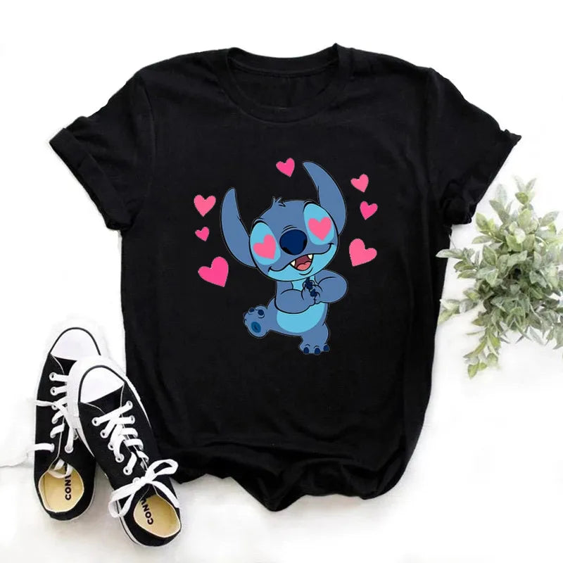 TAMBREET Disney Lilo Stitch Cartoon T-shirts Tops for Women Lady S-3XL Summer Female T-shirts Black O-neck Ohana Stitch Hot Tees T-shirts