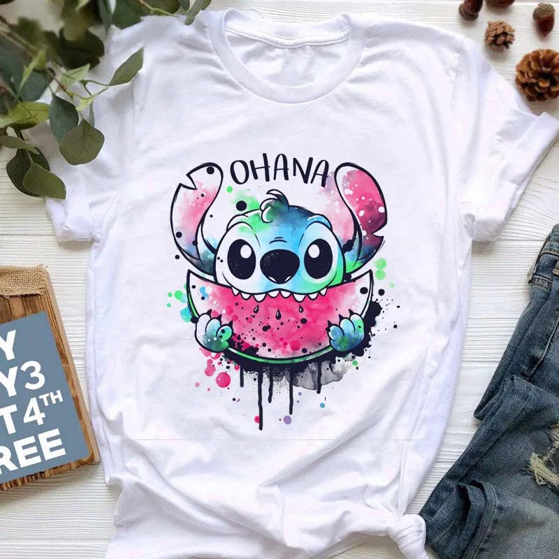 TAMBREET Disney Lilo Stitch Cartoon T-shirts Tops for Women Lady S-3XL Summer Female T-shirts Black O-neck Ohana Stitch Hot Tees T-shirts