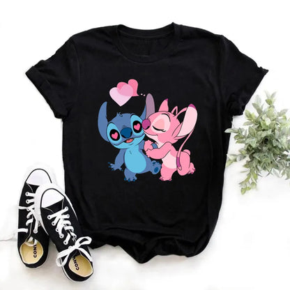 TAMBREET Disney Lilo Stitch Cartoon T-shirts Tops for Women Lady S-3XL Summer Female T-shirts Black O-neck Ohana Stitch Hot Tees T-shirts