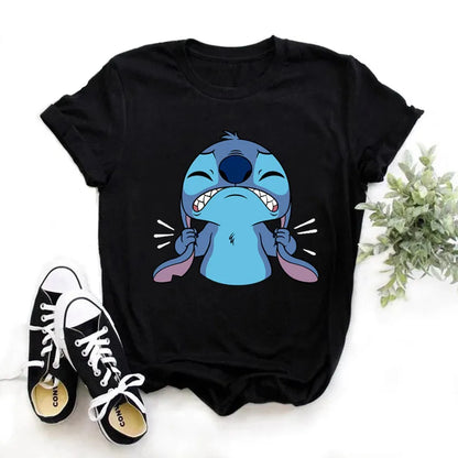 TAMBREET Disney Lilo Stitch Cartoon T-shirts Tops for Women Lady S-3XL Summer Female T-shirts Black O-neck Ohana Stitch Hot Tees T-shirts