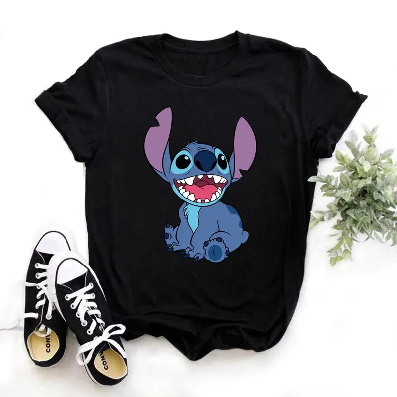 TAMBREET Disney Lilo Stitch Cartoon T-shirts Tops for Women Lady S-3XL Summer Female T-shirts Black O-neck Ohana Stitch Hot Tees T-shirts