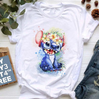 TAMBREET Disney Lilo Stitch Cartoon T-shirts Tops for Women Lady S-3XL Summer Female T-shirts Black O-neck Ohana Stitch Hot Tees T-shirts