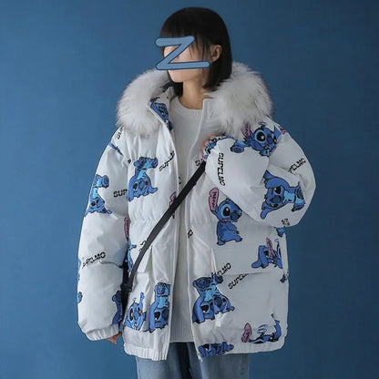 TAMBREET Disney Stitch Cute Print Down Cotton Jacket Winter New Korean Version Loose Cotton Coat Trend Casual Warm Versatile Zipper Coat