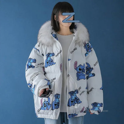 TAMBREET Disney Stitch Cute Print Down Cotton Jacket Winter New Korean Version Loose Cotton Coat Trend Casual Warm Versatile Zipper Coat